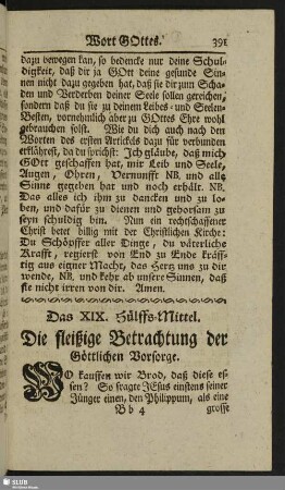 Das XIX. Hülffs-Mittel. Die fleißige Betrachtung der Göttlichen Versorge