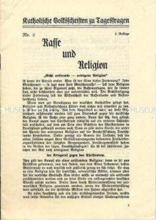 Druckschrift aus der Reihe "Katholische Volksschriften zu Tagesfragen", Nr. 2, zur Problematik "Rasse und Religion"