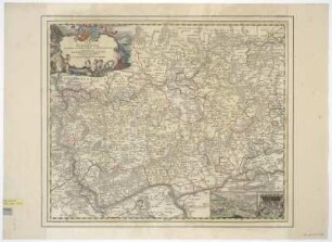 Karte der Nassauschen Fürstentümer (Süd) mit Taunus und Wetterau samt der angrenzenden Gebiete, 1:170 000, Kupferstich, um 1720 : [Pars Vederoviae Plurimas Ditiones Principatus et Comitatus Nassovicor. imprimis veró Regionem Schwalbacensem Acidulis claram exhibens] Pars VederoviaePlvrimas Ditiones Princ. et Com. Nassovicor. imprimis vero Regionem Schwalbacensem Acidulis claram exhibens / accurate distincta a Ioh. Baptista Hohmanno .... - [Ca. 1:170 000]. - Noribergae : Homann , [um 1720]. - 1 Kt. : Kupferst. ; 54 x 45 cm ; Mit 2 Bildbeigaben: LangenSchwalbach ; Der berühmte Sauerbrunnen in Schwalbach