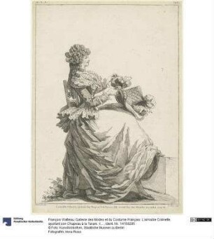 Gallerie des Modes et du Costume Français: L'aimable Colinette, ajustant son Chapeau à la Tarare. X.X.X.398