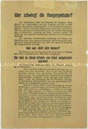 Flugblatt des Spartakusbundes gegen die Reichsregierung betreffend die Einfuhr von Lebensmitteln im Zuge der Revolution 1918/1919
