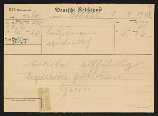 Brief von Bjørn Bjørnson an Gerhart Hauptmann