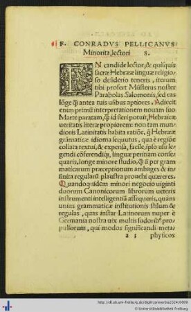 F. Conradus Pellicanus Minorita, lectori S.
