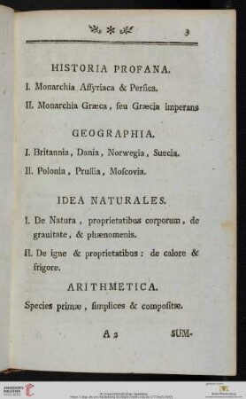 Historia profana / Geographia / Idea naturales / Arithmetica