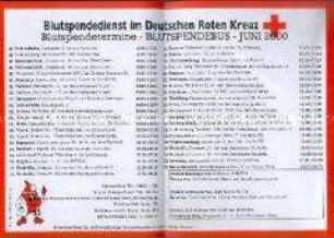 Aushang mit einer Auflistung der Blutspendestellen und -termine des Deutschen Roten Kreuzes