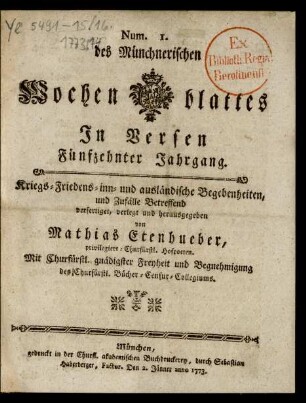 15. Jahrgang, Num. 1/Num. 52 (1773): Des Münchnerischen Wochen-Blattes In Versen