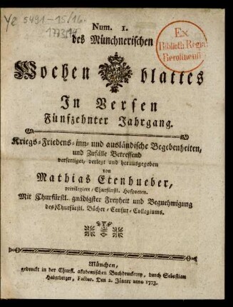 15. Jahrgang, Num. 1/Num. 52 (1773): Des Münchnerischen Wochen-Blattes In Versen