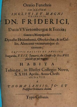 Oratio funebris ... in obitum ... Friderici Ducis Würtembergiae