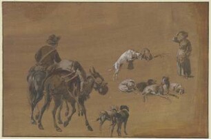 Studienblatt: Ein Reiter mit einem bepackten Maultier, rechts eine stehende Frau, dazwischen Gruppen von Hunden