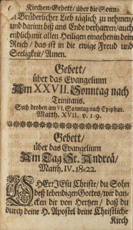 Gebett/ über das Evangelium Am Tag St. Andreä/ ...