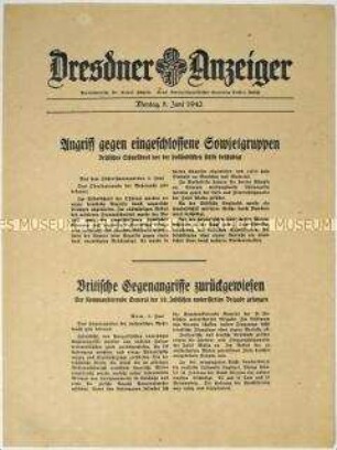 Nachrichtenblatt "Dresdner Anzeiger" mit Meldungen des Oberkommandos der Wehrmacht und des italienischen Oberkommandos u.a. zum Kriegsgeschehen an der Ostfront