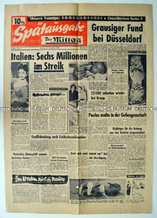 Titelseite der Spätausgabe der Tageszeitung "Der Mittag" zum Sstreik von sechs Millionen Arbeitern in Italien