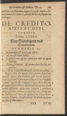 De Creditoribus Et Debitoribus. Titulus XXXIII. Von Gläubigern und Schuldneren.