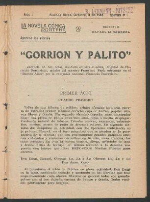 1918000100: Gorrión y Palito : zarzuela en dos actos, divididos en seis cuadros