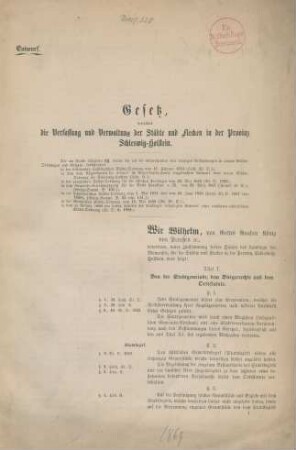 Gesetz, betreffend die Verfassung und Verwaltung der Städte und Flecken in der Provinz Schleswig-Holstein : Entwurf