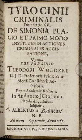 Dissertatio XV. De Simonia Plagio Et Primo Modo Instituendi Actiones Criminales Accusatione