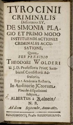 Dissertatio XV. De Simonia Plagio Et Primo Modo Instituendi Actiones Criminales Accusatione