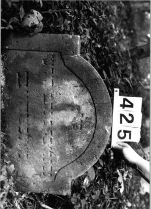 Grabstein 425 (Index: 99803688) Material: Sandstein Zustand: verwitt/eingesunk/befestigt/Textverlust Maße HxBxT: 45x61x8 cm Beschreibung: Stele mit eingezog. Rundbogen, profiliert. Rand: Grabstein 425