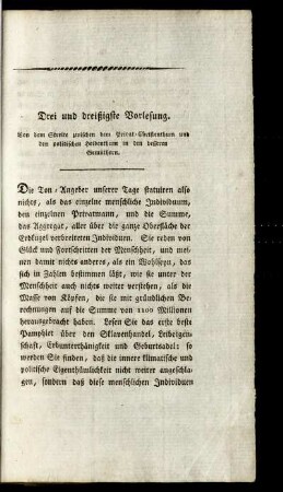 Drei und dreißigste Vorlesung. Von dem Streite zwischen dem Privat-Christenthum und dem politischen Heidenthum in den besseren Gemüthern.