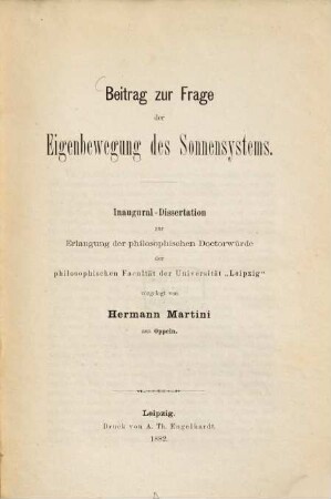 Beitrag zur Frage der Eigenbewegung des Sonnensystems : Diss. inaug. (Leipzig)