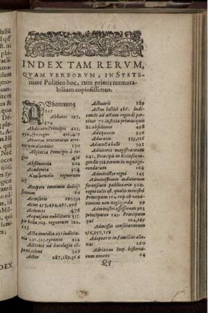 Index tam rerum, quam verborum, in systemate Politico hoc, cum primis memorabilium copiosissimus