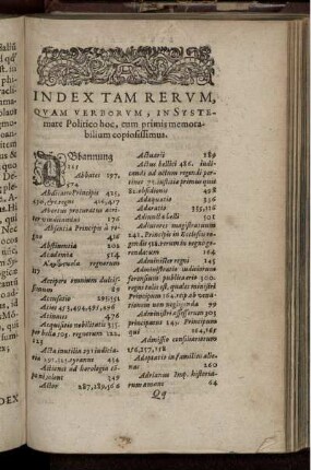 Index tam rerum, quam verborum, in systemate Politico hoc, cum primis memorabilium copiosissimus