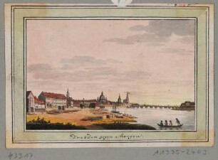 Stadtansicht von Dresden, Blick vom Ufer der Pirnaischen Vorstadt nach Westen auf die Altstadt, die Elbe und die Augustusbrücke