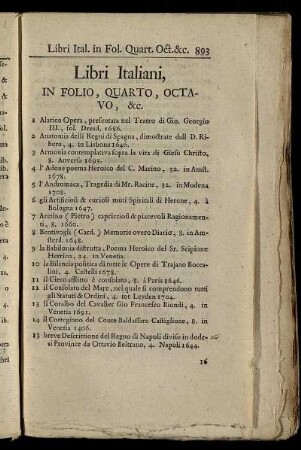 Libri Italiani, In Folio, Quarto, Octavo &c. ; Libri Italiani, In Duodecimo ; Libri Hispanici. In Quarto &c