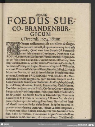 Foedus Sueco-Brandenburgicum 1. Decemb. 1674. ictum