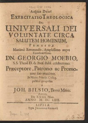 Exercitatio Theologica De Universali Dei Voluntate Circa Salutem Hominum