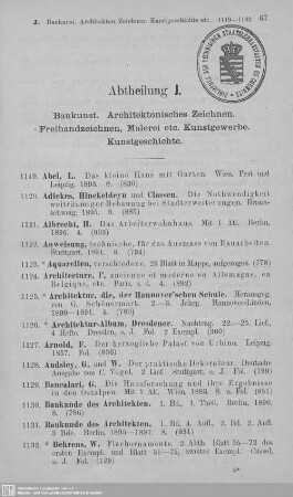 Abt. J. Baukunst. Architektonisches Zeichnen : Freihandzeichnen, Malerei etc. Kunstgewerbe. Kunstgeschichte