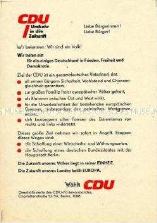 Wahlflugblatt des CDU-Parteivorstandes Berlin mit dem Themen der Deutschland- und Sozialpolitik