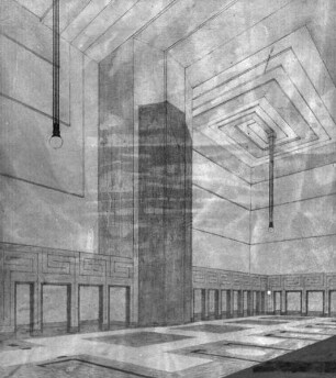 Interieurentwurf für den Saal des Deutschen Museums in Hagen auf der Weltausstellung in Gent