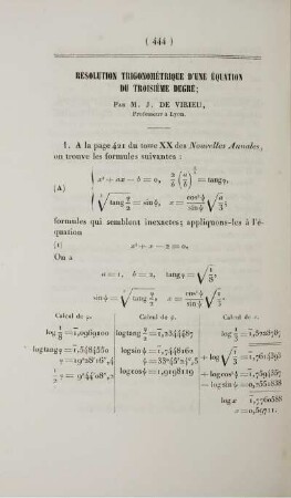 Résolution trigonométrique d'une équation du troisième degré.