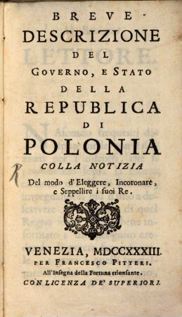 Breve descrizione del Governo della republica di Poloniae