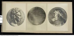 Drei Fotos: links: Gedenkmedaille Frau Mond; Mitte: verso der Gedenkmedaille Ludwig Mond; rechts: recto der Gedenkmedaille Ludwig Mond