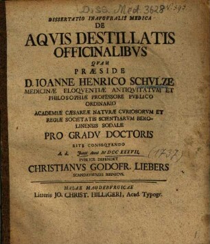 Dissertatio Inavgvralis Medica De Aqvis Destillatis Officinalibvs