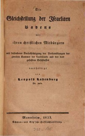 Die Gleichstellung der Israeliten Badens mit ihren christlichen Mitbürgern
