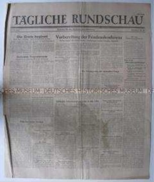 Sowjetische Tageszeitung für die deutsche Bevölkerung "Tägliche Rundschau" u.a. über Verhandlungen der Alliierten um eine Friedenskonferenz