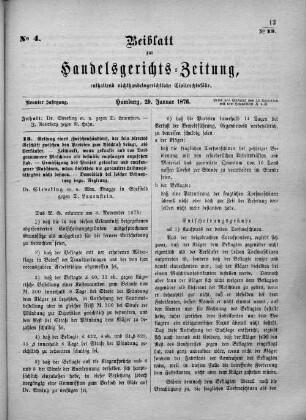 Beiblatt zur hamburgischen Handelsgerichts-Zeitung No. 4. Neunter Jahrgang. Hamburg, 29. Januar 1876.