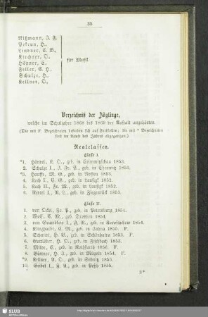 Verzeichniß der Zöglinge, welche im Schuljahre 1868 bis 1869 der Anstalt angehörten