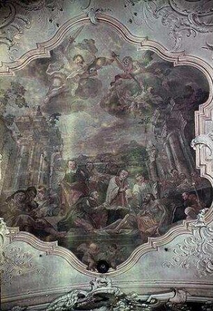 Die Wüten der Pest in Innsbruck im Jahre 1611; Pater Melchior Köstlan und der Arzt Paulus Weinhart betreuen Kranke und Sterbende