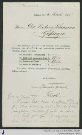 Beitragsbestätigung von Theodor Fritsch vom 04.06.1885.