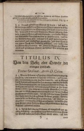 Titulus IX. Von dem Besitz oder Gewehr der erledigter Erbschafft. - Titulus XVI. Von Verjährung der stehender Rhenten oder Zinsen.