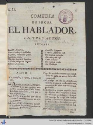 Comedia En Prosa. El Hablador. En Tres Actos