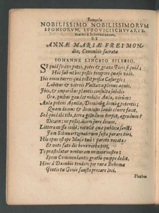 Euphēmia Nobilissimo ... Sponsorum, Ludovici Schwartzmaieri ... Et Annae Mariae Freymondiae, Connubio sacrata ...