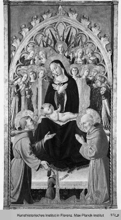Thronende Maria mit Kind, Engeln, den Heiligen Franziskus und Bernhardin von Siena sowie dem Stifter