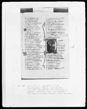 Roman de la Rose & Rosenroman — Initiale D, darin hält Genius zwei Frauen einen Vortrag, Folio 150recto