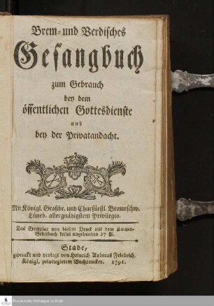 Brem- und Verdisches Gesangbuch zum Gebrauch bey dem öffentlichen Gottesdienste und bey der Privatandacht