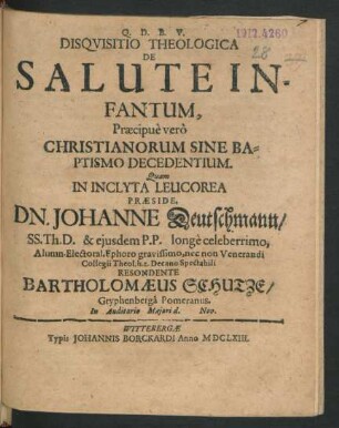 Disquisitio Theologica De Salute Infantum, Praecipue vero Christianorum Sine Baptismo Decedentium